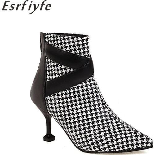 ESRFIYFE 2021 New Women Ankle Boots High Heels Pointed Toe Shoes Woman Back Zippers Ladies Party Shoes Large Size 34-48 Black