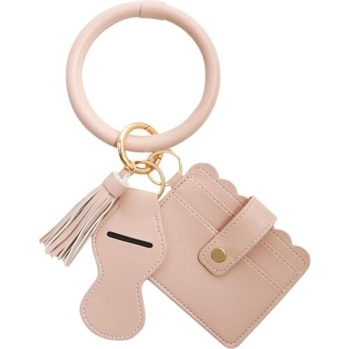 Women Portable Circle Wristlet Wrist Strap Bracelet ID Lipstick Bag Keychain Durable Ring Removable Fashion Simple Card Holder