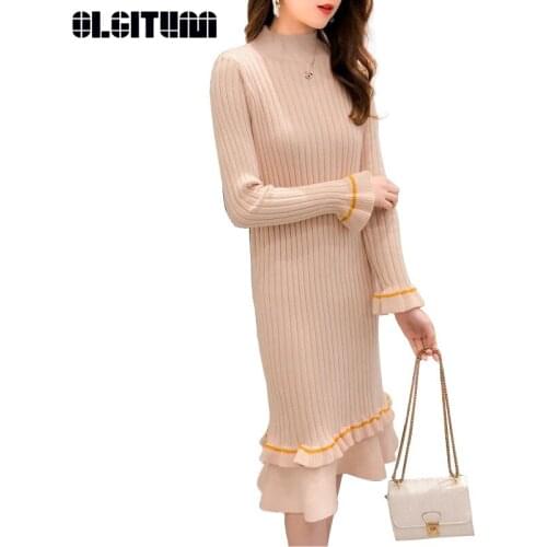 New Ruffled Lazy Lady Style Half-high Collar Knit Dress Autumn/Winter Long Ove-knee Sweater Female Bottom Vestido Soft Warm