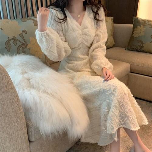 French Vintage Solid Long Sleeve Dresses Women Elegant V-Neck Fairy Midi Dress Fashion Korean Chic Oversized Dress Vestidos