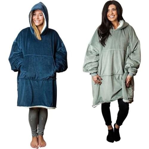 Winter Warm TV Pocket Hooded Blankets Adults Bathrobe Sofa Cozy Blanket Sweatshirt Solid Plush Coral Fleece Blankets Outwears