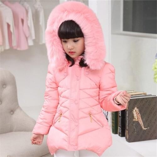 Winter Girl Cotton-Padded Clothes Mid-Length Thick Diamond Cotton Hooded Jackets Solid Kids Clothing Jacket For Girls 3-12 Yrs