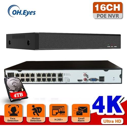4K 16 Channel NVR H.265+ 16CH NVR Face Detection 4 HDD Support ONVIF RTSP with 16 ports POE for For Security Kit