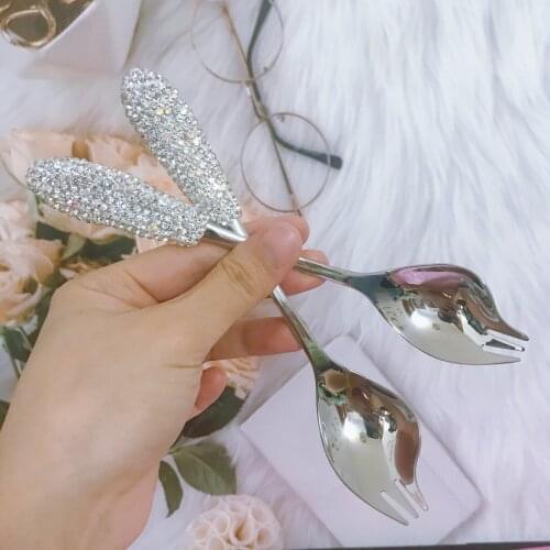 Bling Fruit Fork Spoon Diamond Longhandle Stainless Steel Ice Cream Salad Dessert Tableware Western Multi-Function Silver Spork