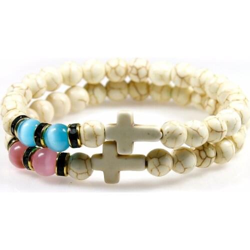 Howlite Bracelets Stone Round Beads Cross Rope Opal Men Bracelet Lucky Charms Bracelets For Lovers,Sister Jewelry Gift