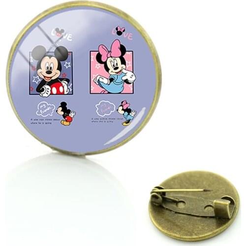 Disney Classic Minnie Mickey Brooch Pins Glass Cabochon Mickey Mouse Art Picture Glass Dome Brooch Pin