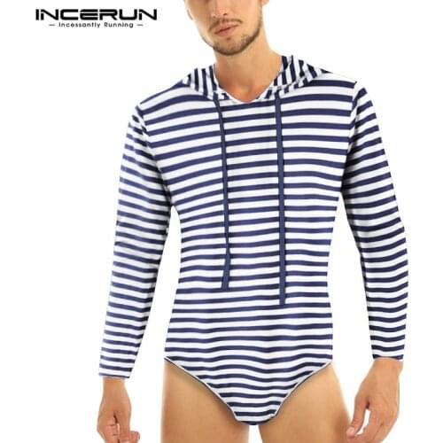 Man Sexy Fitness T-shirt Leisure Camiseta INCERUN Fashion Men Striped Bodysuit T Shirts Long Sleeve Hooded Romper Tee Tops S-5XL