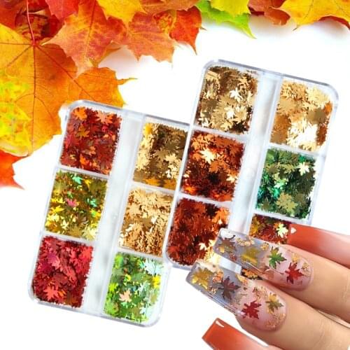 6 Grids Holographic Maple Leaves Nail Art Glitter Sequins Laser Maple Leaf Paillette Flake Autumn Manicure 3D Nails Decoration