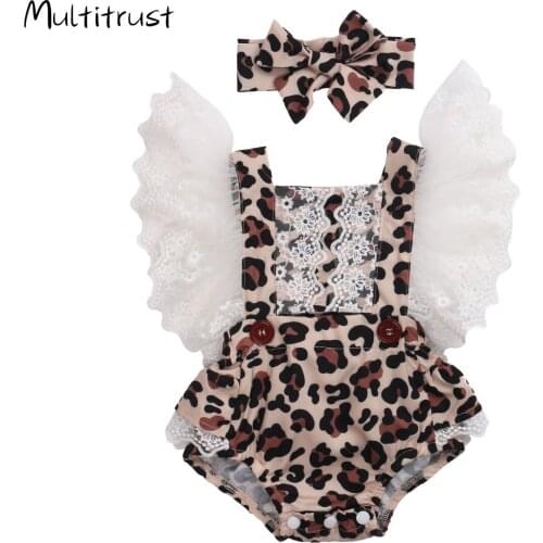 0-24M Newborn Girls Clothes Leopard Lace Ruffles Sleeve Bodysuits Headband 2pcs Jumpsuits 2020 Summer
