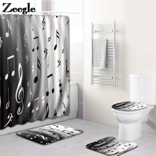 Bath Mat and Shower Curtain Set in the Bathroom HomeDecor Tolilet Carpet Set AntiSlip Waterproof Musical Note Print Foot Rug Set