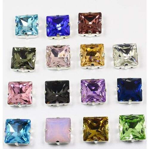 Square K9 Glass Sew on Rhinestone Crystal with Silver Claw Sew on Gemstones Diamond for Needlework Clothing Accessories Diy