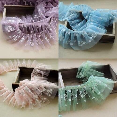 10cm width small plum flower print mesh pleated 3D lace trim, hand-made DIY doll dress skirt pink light blue ivory
