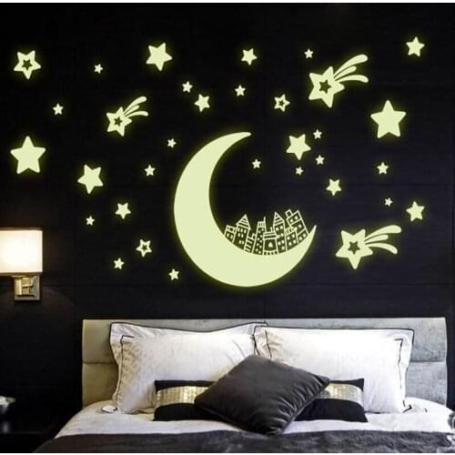 Moon Stars Luminous Fluorescent Plastic Wall Sticker For Kids Living Room Bedroom Decorative Stickers