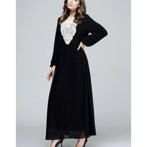 2021 New Hui Womens Dress Islamic Nationality Arab Robe New Loose Muslim Lace Dress Middle East Girls Dress Black