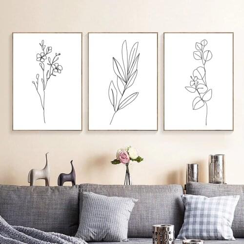 Flower Leaves Single Line Drawing Posters and Prints Black White Minimalist Canvas Painting Plants Wall Art Pictures Home Decor