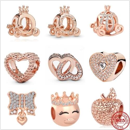 New 925 Sterling Silver Sparkling Pumpkin Car Apple Heart Bead Charms Rose Gold Fit Pandora charm Bracelets Women DIY Jewelry