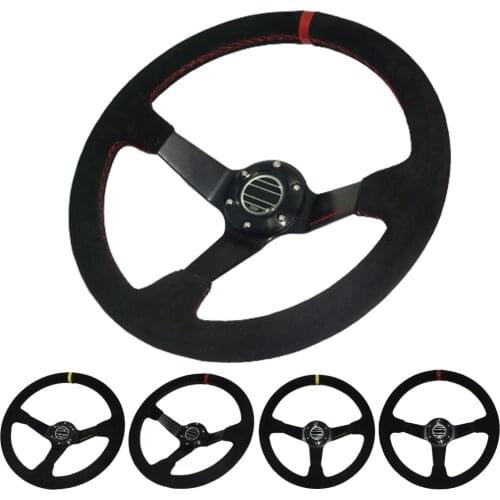 Universal 350mm Car Steering Wheel 6 Bolt Deep Dish Suede Leather Sport Racing Steering Wheel Non-slip