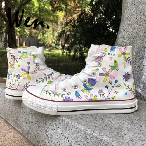 Wen Hand Painted Shoes Design Custom Birds' Twitter Fragrance of Flowers High Top Canvas Sneakers for Christmas Gifts