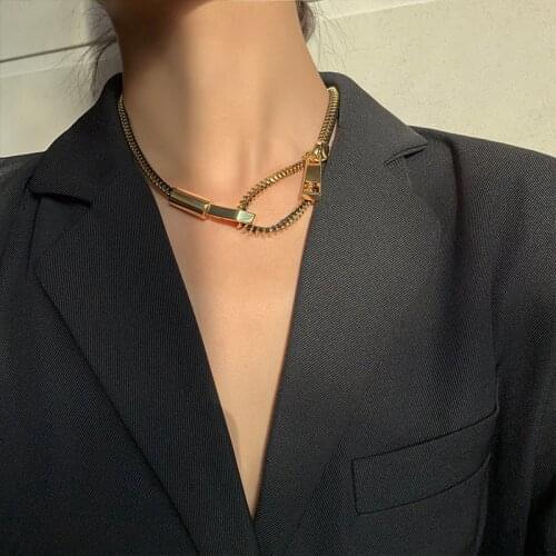Zipper Lariat Choker Neckalce Brass With 18K Gold Japan Korean Style Party Designer T Show Runway Gown Jewelry Rare INS