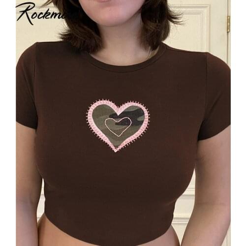 Rockmore Heart Embroidery Skinny T Shirts Women Crop Top Brown Short Sleeve Summer Harajuku Basic T-Shirts Casual Y2K Cute Tee