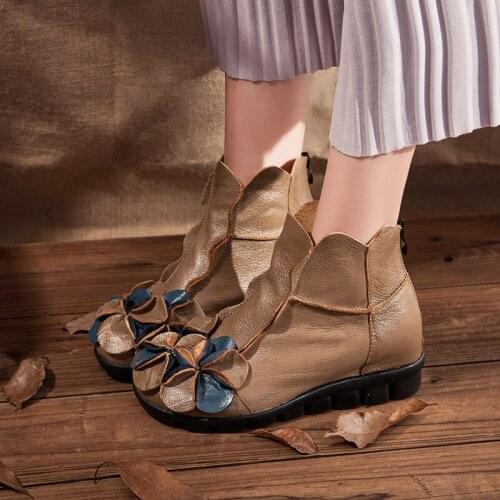 Winter National Wind Womens Boots New Flat Casual Genuine Leather Booties Pure Hand Soft Bottom Comfortable Warm Womens Shoes