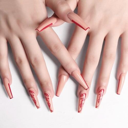 24pcs/set Press On With Designs Red Bordered Dragon Shape Depicting Fake Nail Patch Long Coffin European American Ballet Armor