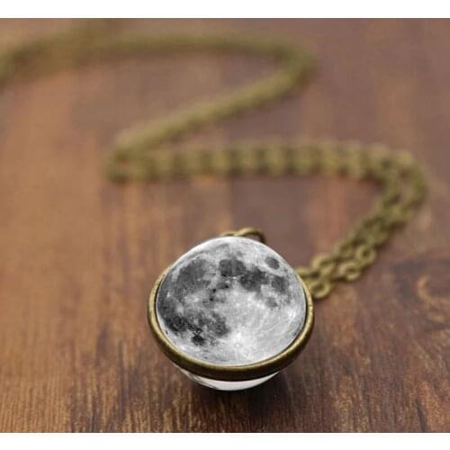 Women Men Fashion Double-sided Grey Full Moon Crescent Glass Ball Pendant Necklace Jewelry Gifts