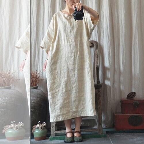 Johnature Women Cotton Linen Vintage Dresses O-Neck Bat Sleeve Robes 2021 Summer New Button Female Clothing Dresses
