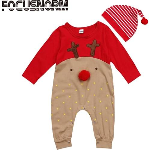 Christmas Cute Newborn Baby Girls Boys clothes Cartoon Long Sleeves Romper Jumpsuit Playsuit+Striped Hat Outfit Clothes Set