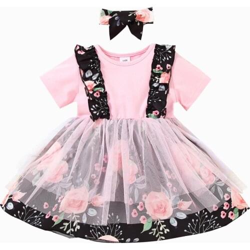 New Girls Two Piece Set, Babys Short Sleeves Round Neck Dress Cartoon Printed Skirt Hair Band for Children