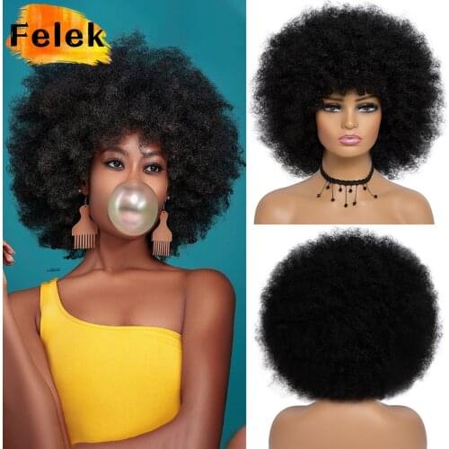 Short Afro Hair Kinky Curly Wigs With Bangs For Black Women Blonde Mixed Brown Synthetic Cosplay African Wigs Heat Resistant