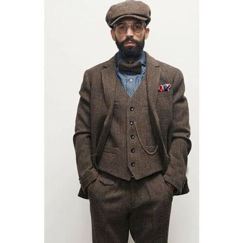 Mens Blue Grey Coffee 3 Piece Tweed Wedding Mens Suit Herringbone Classic Wool Vintage Retro Groom Wear Formal Blazer