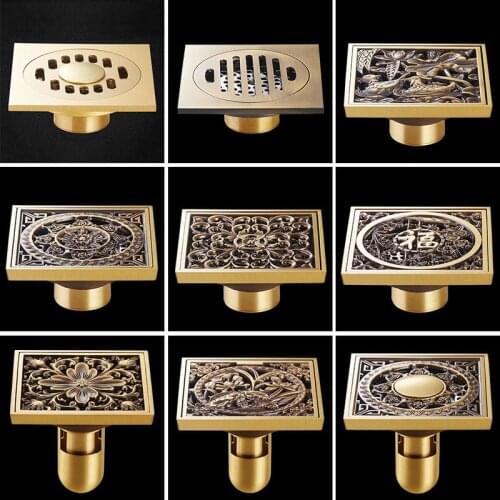 10*10cm Square Antique Brass Art Carved Bath Drains Shower Drains Strainer Hair Bathroom Floor Drain Waste Grate Drain