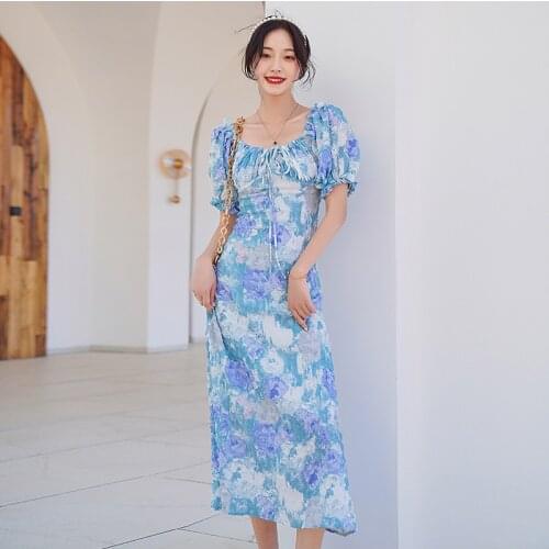 Summer Vintage Puff Sleeve Maxi Party Dress Ladies Elegant Robe Streetwear Casual Square Collar Draw String Print Vacation Dress