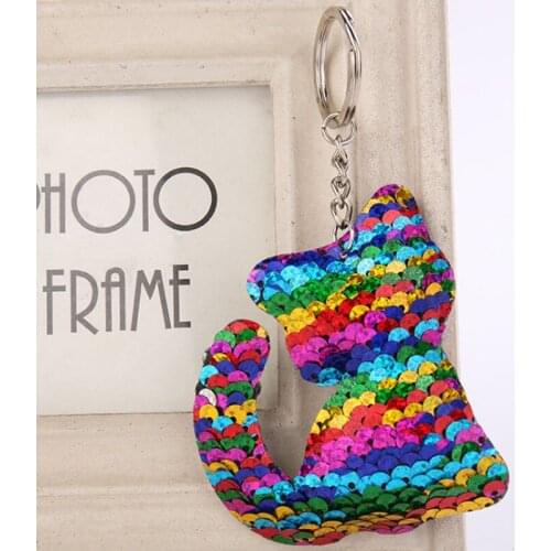 Fashion Glitter Cat Pompom Sequins Key Chain Llaveros for Women Handbag Pendants Holder Keyring Porte Clef Llaveros WJ5509