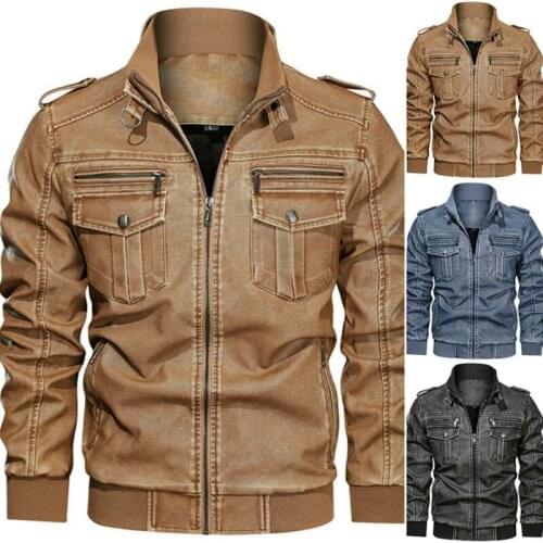 Mens Fashion Retro Distressed Leather Jacket Motorcycle Casual Work Cargo Pockets Coat Big Size Loose Solid Color Trend 2020
