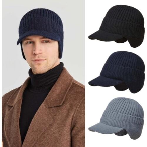 Men Winter Knitted Ear Protection Cap Thick Beanies Bonnet Snapback Cap Short Brim Hat Outdoor Cycling Plush Keep Warm Hat