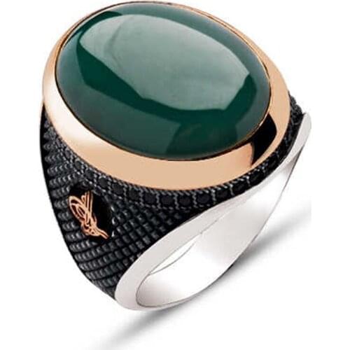 Silver Green Agate Stone Ottoman Tuğralı Embroidered Men 'S Ring