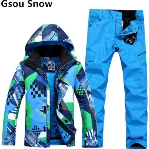 Gsou Snow Men Ski Suit Male Snowboarding Mountain-Climbing Clothes Blue Jacket And Pants Set Waterproof 10K