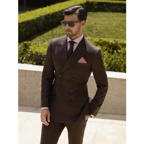 ANNIEBRITNEY Brown Double Breasted Men Slim Fit Suit With Pants Tailor Made Skinny Black Groom Wedding Tuxedo Prom Wedding Suit