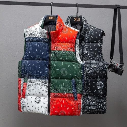 2022 Mens Autumn Winter Down Cotton Padded Vest Fashion Print Warm Hood Waistcoat Zipper Sleeveless Winter Jacket