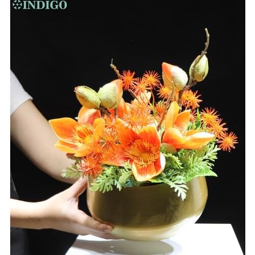 Orange Kapok Centerpiece (1 Set Bonsai With Metal Vase ) Customized Designed Table Flower Arrangment - INDIGO