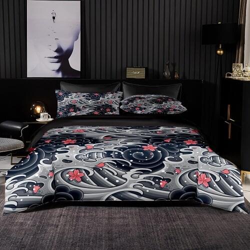 Japanese Style Cherry Blossoms And Waves Pattern Duvet Cover Set With Pillowcase,AU 210x210 Quilt Cover,UK 200×200 Blanket Cover