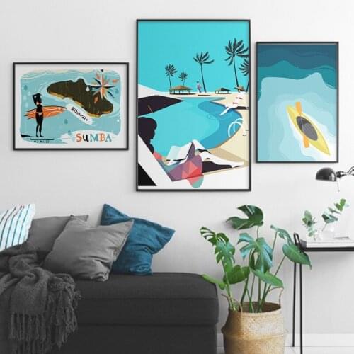 Modern Abstract Cartoon Swimming Pool Print Summer Vacation Illustration Poster Wall Art Pictures Canvas Painting Home Decor