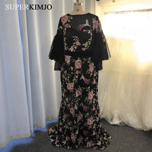 SuperKimJo Embroidery Applique Evening Dresses 2020 Long Black Mermaid Elegant Evening Gown Formal Dresses Robe De Soiree