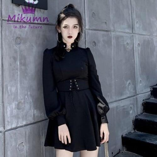 2020 Spring Black Vintage Gothic Dress Sexy Hollow Out Stand Collar Women Vestidos Lace-up Slim Long Sleeve A Line Punk Dresses