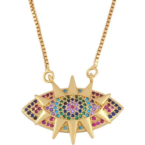 KSRA Vintage Gold Evil Eye Necklace For Women Female Rainbow CZ Geometric Turkey Eye Pendant Necklaces Boho Jewelry