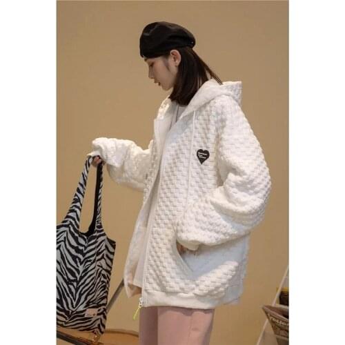 Korean style jacket women Y2K loose warm all-match jacket hooded street waffle zipper cardigan sports sweater womens Harajuku
