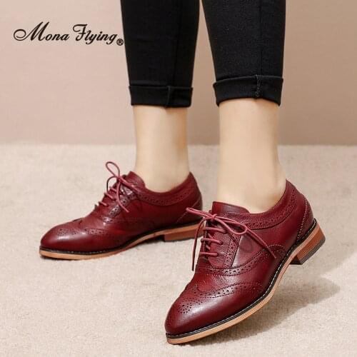 Mona Flying Women Leather Oxfords Shoes Hand-made Dress Classic Fashion Lace-up Block Wingtip for Ladies Girls 2020 New B098-4