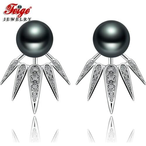 Punk Style 925 Sterling Silver 2 Colors Natural Cultured Pearl Stud Earrings for Women Pearl Jewelry Gifts Wholesale FEIGE
